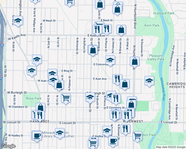 map of restaurants, bars, coffee shops, grocery stores, and more near in Milwaukee