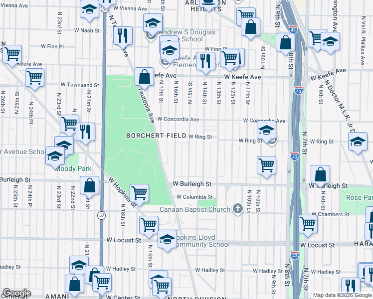 map of restaurants, bars, coffee shops, grocery stores, and more near 3207 North 15th Street in Milwaukee