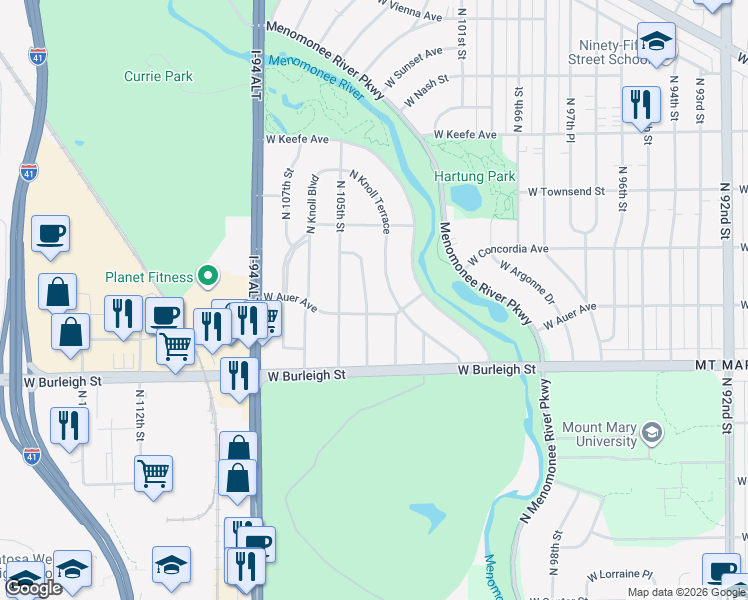 map of restaurants, bars, coffee shops, grocery stores, and more near 3205 North Knoll Terrace in Wauwatosa