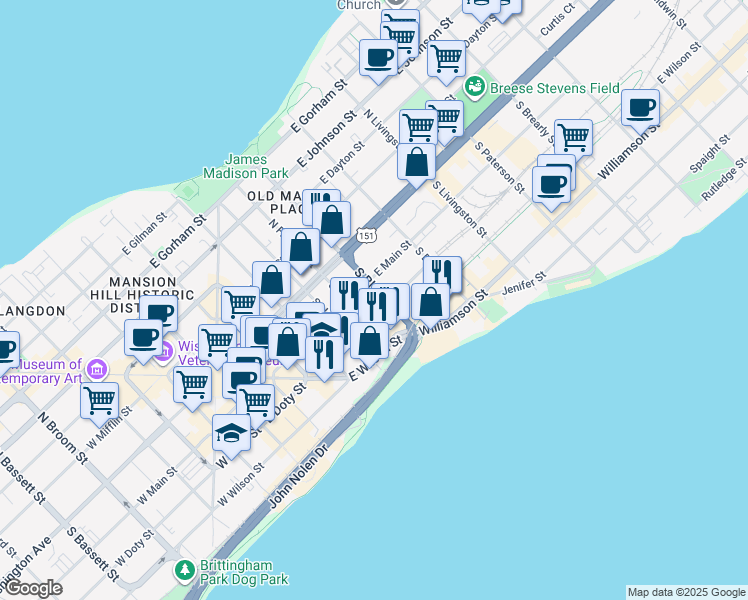 map of restaurants, bars, coffee shops, grocery stores, and more near 114 South Blair Street in Madison