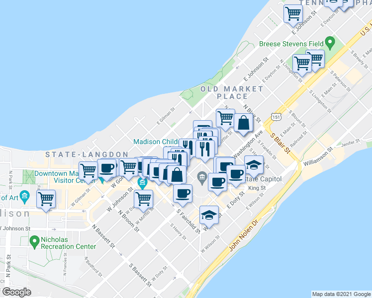 map of restaurants, bars, coffee shops, grocery stores, and more near 29 East Dayton Street in Madison