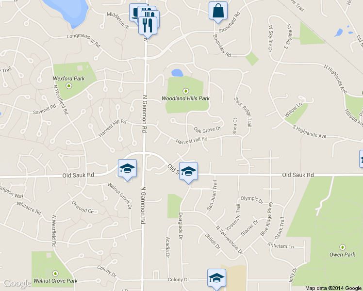 map of restaurants, bars, coffee shops, grocery stores, and more near 6805 Harvest Hill Road in Madison