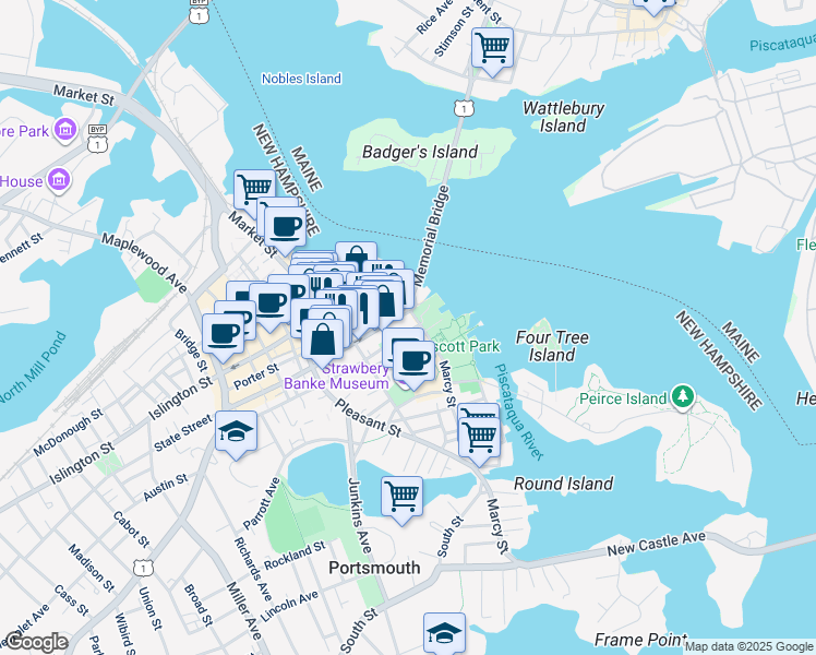 map of restaurants, bars, coffee shops, grocery stores, and more near 461 Court Street in Portsmouth