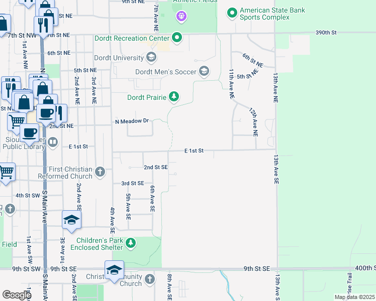 map of restaurants, bars, coffee shops, grocery stores, and more near 801 East 1st Street in Sioux Center