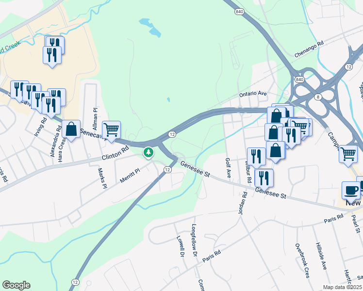 map of restaurants, bars, coffee shops, grocery stores, and more near 180 Genesee Street in New Hartford
