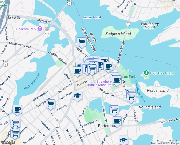 map of restaurants, bars, coffee shops, grocery stores, and more near 3 Congress Street in Portsmouth