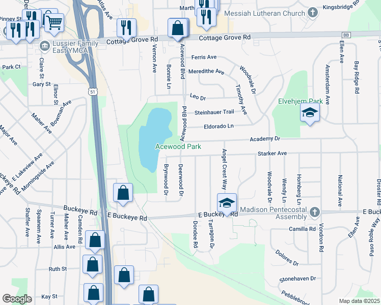 map of restaurants, bars, coffee shops, grocery stores, and more near 4610 Starker Avenue in Madison