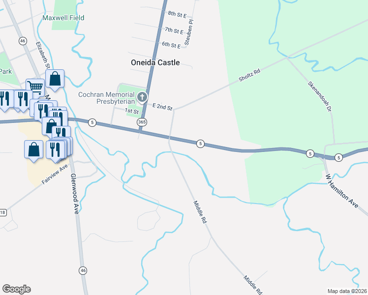 map of restaurants, bars, coffee shops, grocery stores, and more near 74 Seneca Avenue in Oneida