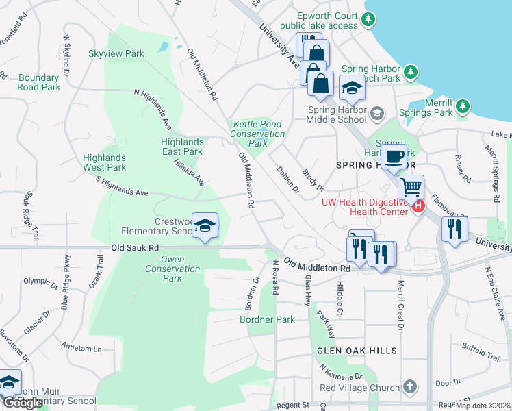 map of restaurants, bars, coffee shops, grocery stores, and more near 5529 Englewood Drive in Madison