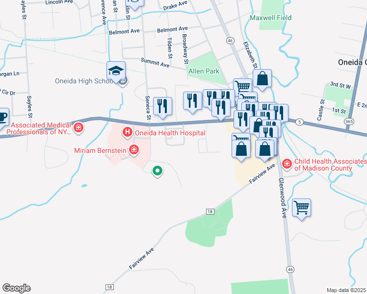 map of restaurants, bars, coffee shops, grocery stores, and more near 261 Genesee Street in Oneida