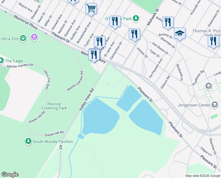 map of restaurants, bars, coffee shops, grocery stores, and more near 15 Waterford Lane in Utica