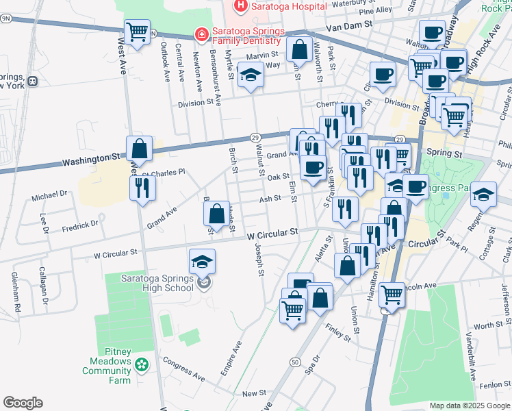 map of restaurants, bars, coffee shops, grocery stores, and more near 31 Walnut Street in Saratoga Springs
