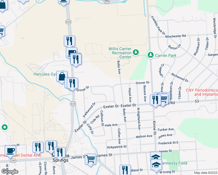 map of restaurants, bars, coffee shops, grocery stores, and more near 32 Grover Street in East Syracuse