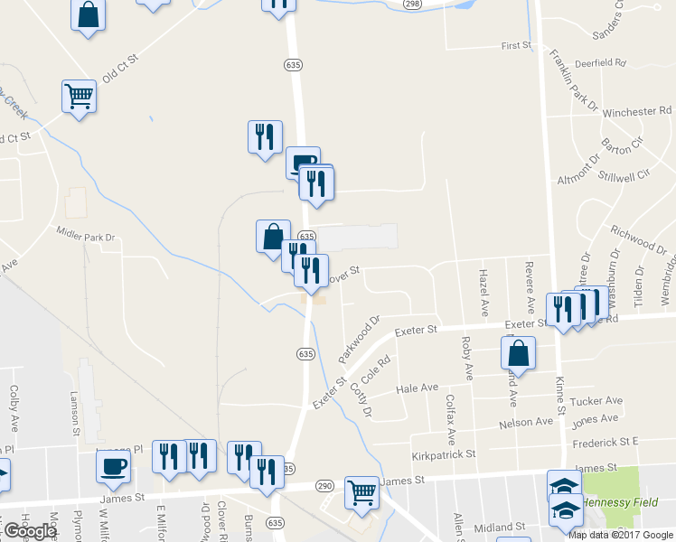 map of restaurants, bars, coffee shops, grocery stores, and more near 5 Grover Street in East Syracuse