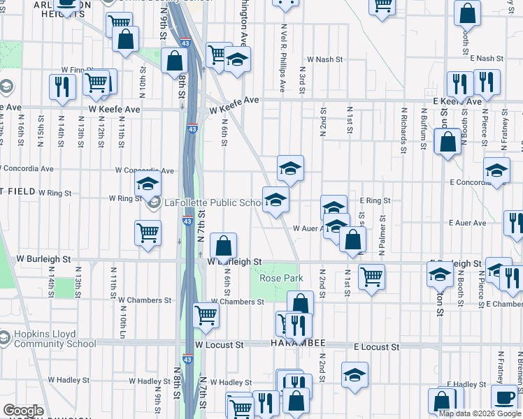 map of restaurants, bars, coffee shops, grocery stores, and more near 3227A North Julia Street in Milwaukee