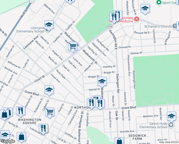 map of restaurants, bars, coffee shops, grocery stores, and more near 118 Huntley Street in Syracuse