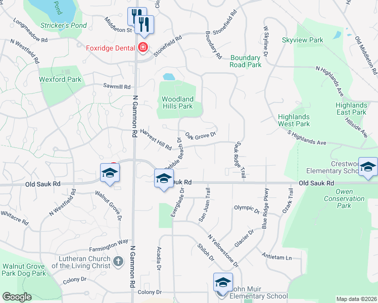 map of restaurants, bars, coffee shops, grocery stores, and more near 6 Torrey Pines Court in Madison