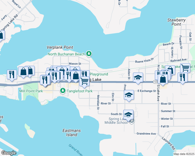 map of restaurants, bars, coffee shops, grocery stores, and more near 121 E Savidge St in Spring Lake