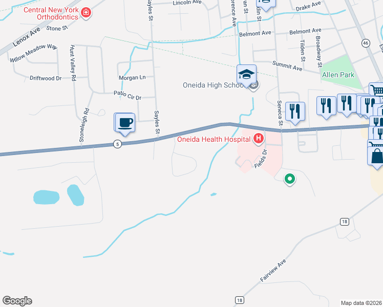 map of restaurants, bars, coffee shops, grocery stores, and more near 140 Hagan Circle in Oneida