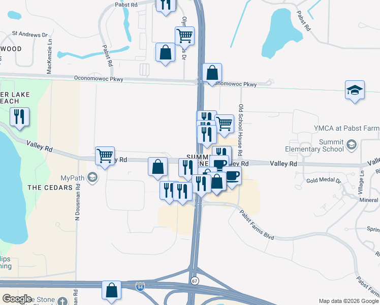 map of restaurants, bars, coffee shops, grocery stores, and more near 36520 Valley Road in Oconomowoc