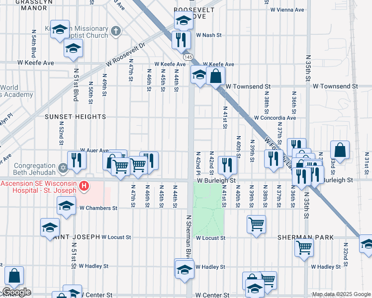 map of restaurants, bars, coffee shops, grocery stores, and more near 3203 North Sherman Boulevard in Milwaukee