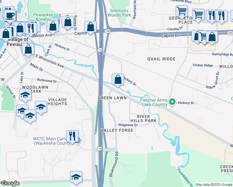 map of restaurants, bars, coffee shops, grocery stores, and more near 820 East Wisconsin Avenue in Pewaukee