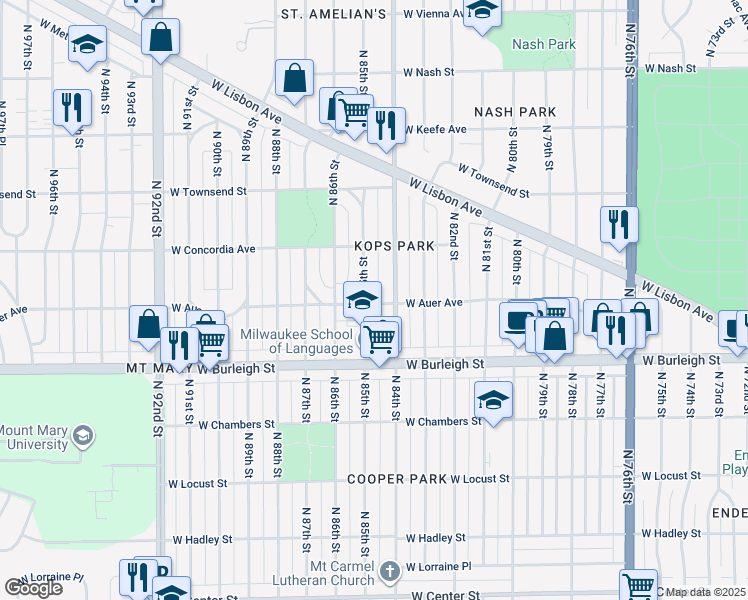 map of restaurants, bars, coffee shops, grocery stores, and more near 8432 West Auer Avenue in Milwaukee