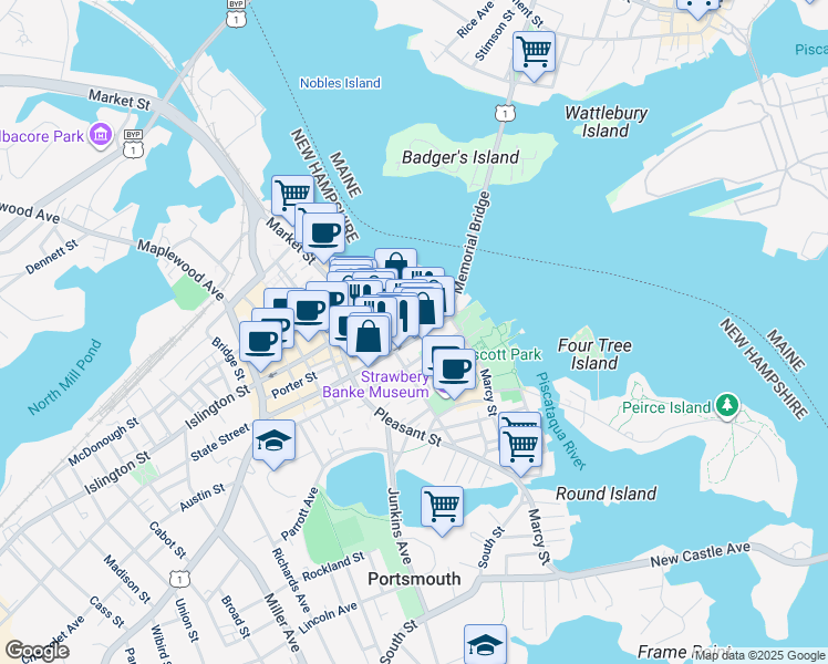 map of restaurants, bars, coffee shops, grocery stores, and more near 121 State Street in Portsmouth