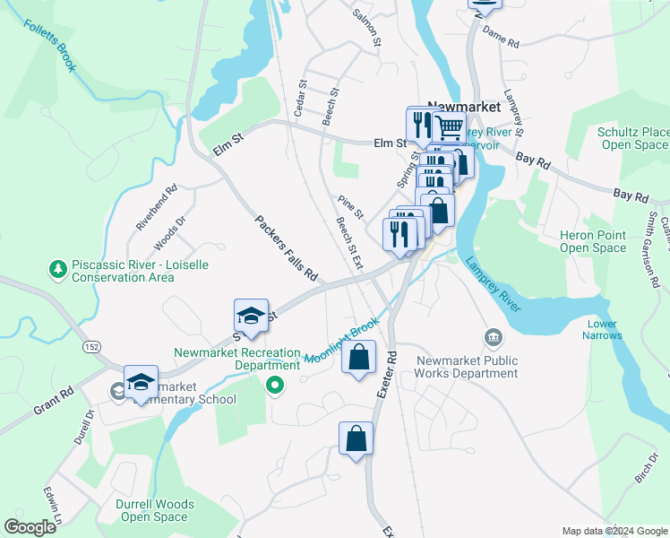 map of restaurants, bars, coffee shops, grocery stores, and more near 196 South Main Street in Newmarket