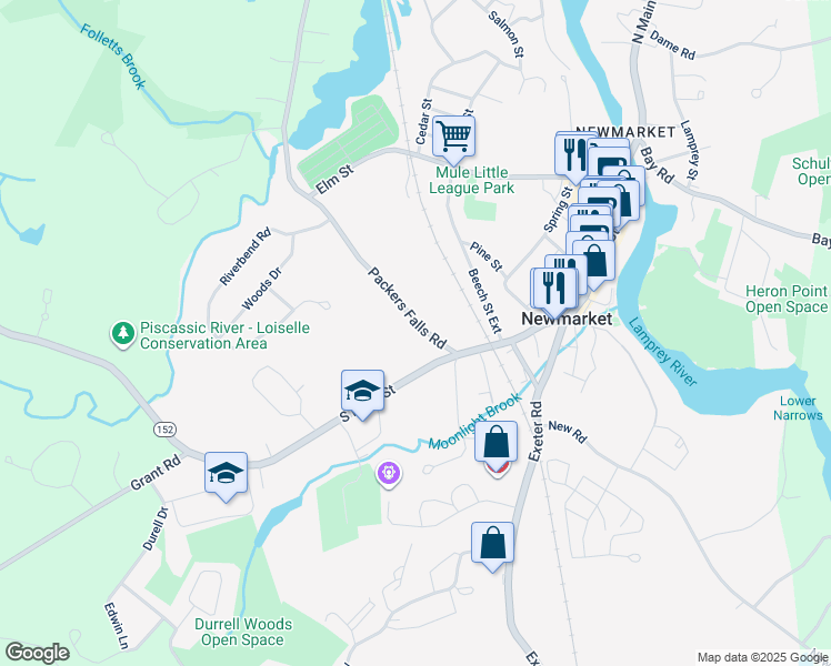 map of restaurants, bars, coffee shops, grocery stores, and more near 7 Packers Falls Road in Newmarket