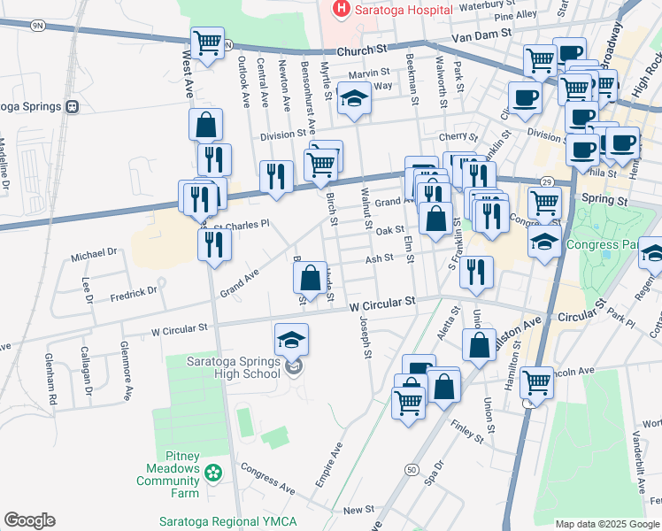 map of restaurants, bars, coffee shops, grocery stores, and more near 138 Ash Street in Saratoga Springs