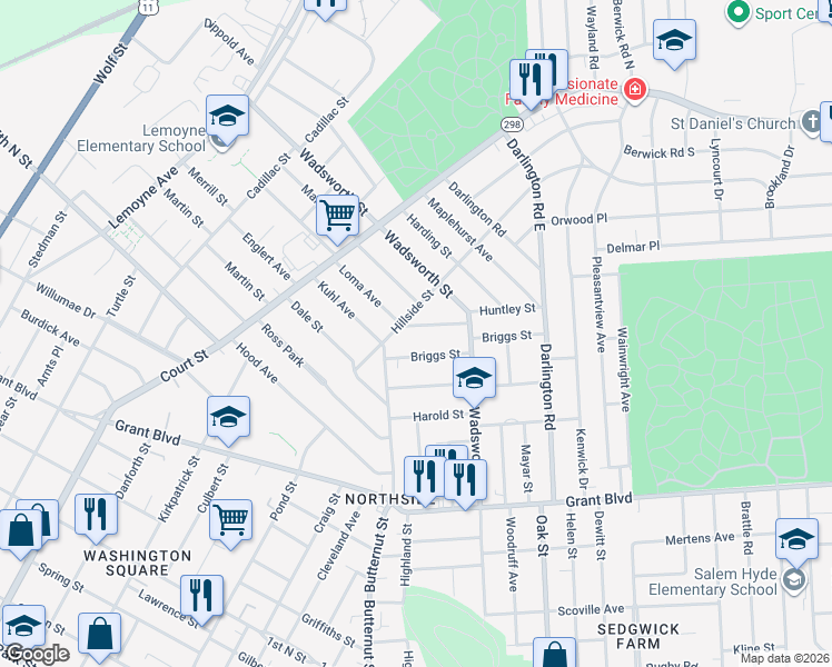 map of restaurants, bars, coffee shops, grocery stores, and more near 118 Huntley Street in Syracuse
