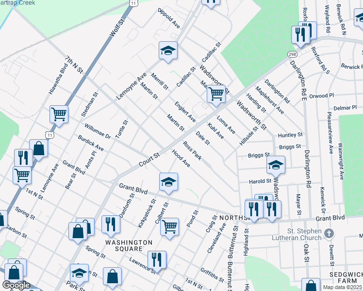 map of restaurants, bars, coffee shops, grocery stores, and more near 281 Ross Park in Syracuse
