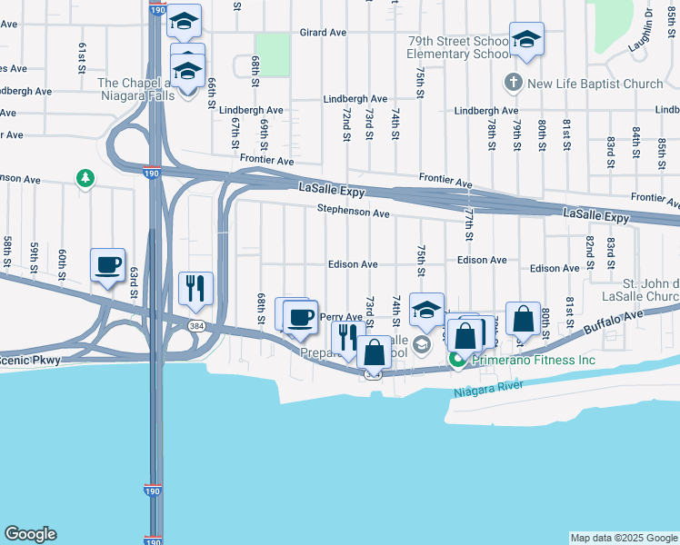 map of restaurants, bars, coffee shops, grocery stores, and more near 245 71st Street in Niagara Falls
