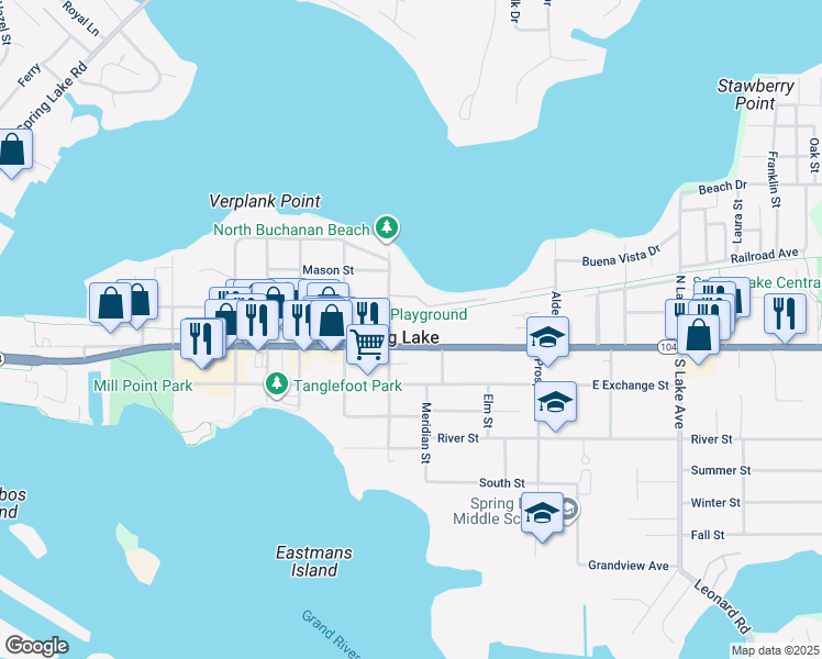 map of restaurants, bars, coffee shops, grocery stores, and more near 121 East Savidge Street in Spring Lake