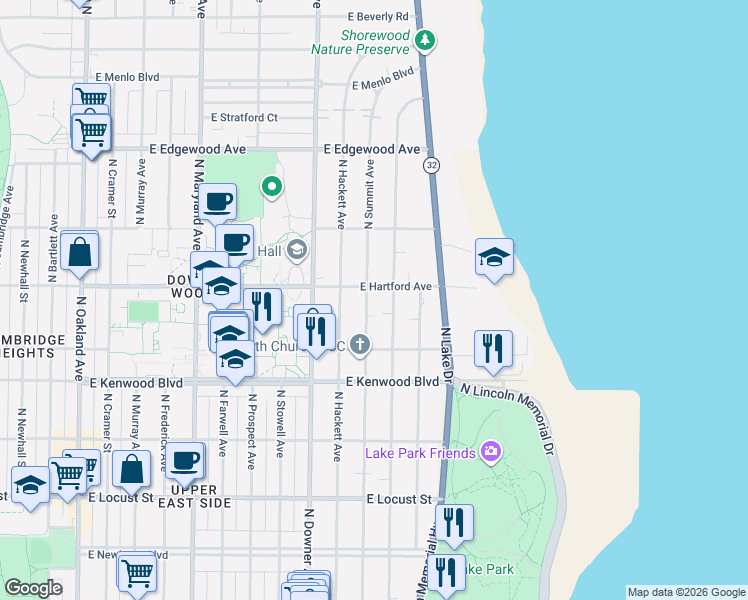 map of restaurants, bars, coffee shops, grocery stores, and more near 3263 North Shepard Avenue in Milwaukee