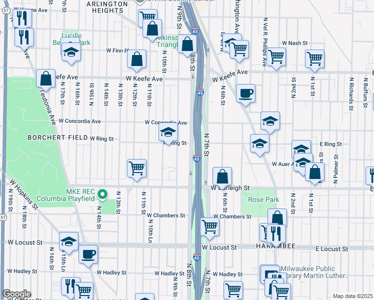 map of restaurants, bars, coffee shops, grocery stores, and more near 3225 North 8th Street in Milwaukee