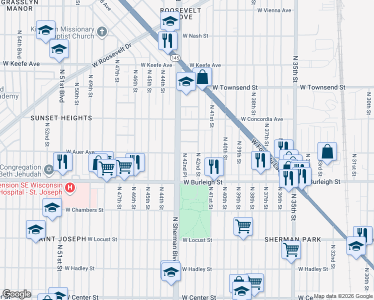 map of restaurants, bars, coffee shops, grocery stores, and more near 4216 West Auer Avenue in Milwaukee