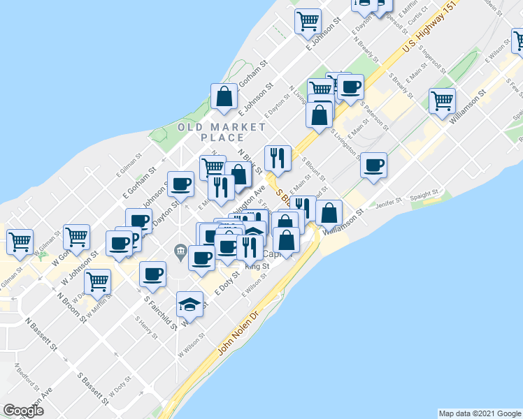 map of restaurants, bars, coffee shops, grocery stores, and more near 30 South Franklin Street in Madison