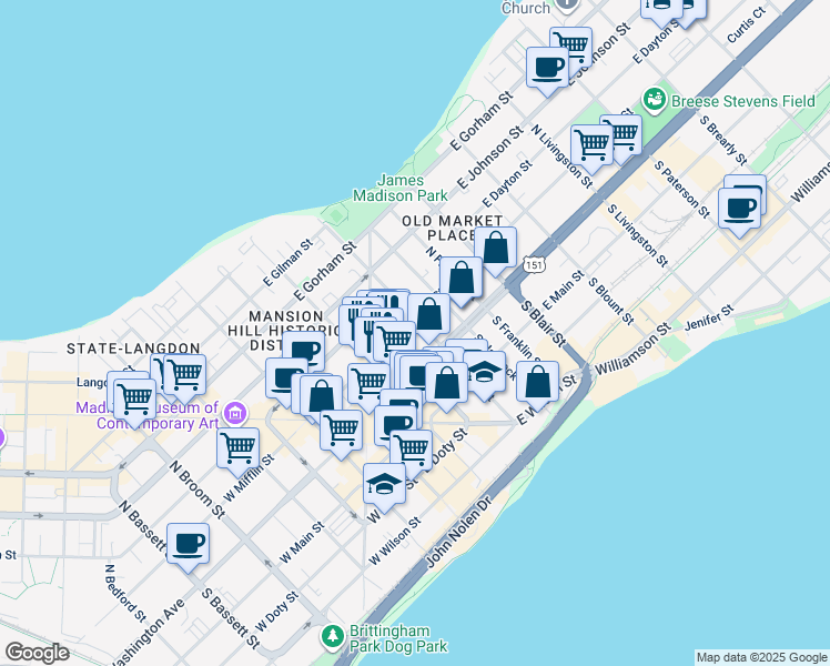 map of restaurants, bars, coffee shops, grocery stores, and more near 12 North Butler Street in Madison
