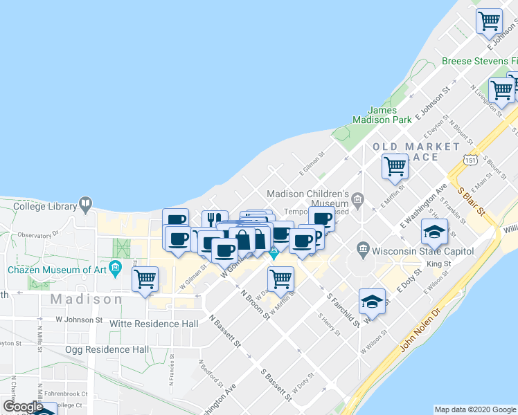 map of restaurants, bars, coffee shops, grocery stores, and more near 124 West Gilman Street in Madison