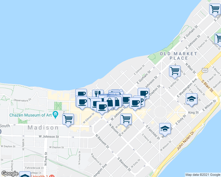 map of restaurants, bars, coffee shops, grocery stores, and more near 124 West Gilman Street in Madison