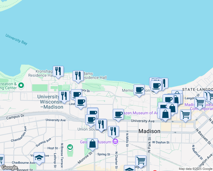 map of restaurants, bars, coffee shops, grocery stores, and more near 1200 Observatory Drive in Madison