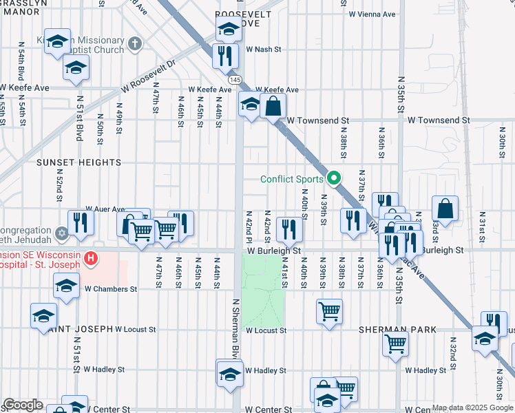 map of restaurants, bars, coffee shops, grocery stores, and more near 4216 West Auer Avenue in Milwaukee
