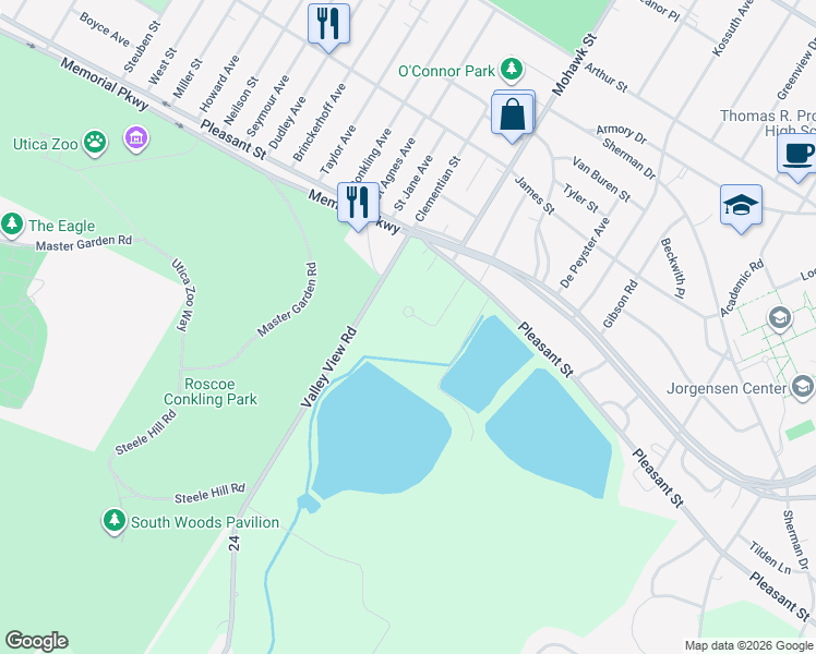 map of restaurants, bars, coffee shops, grocery stores, and more near 15 Waterford Ln in Utica