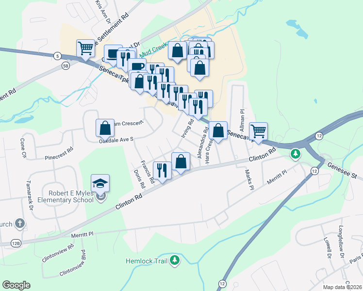 map of restaurants, bars, coffee shops, grocery stores, and more near 20-24 Geraldine Avenue in New Hartford