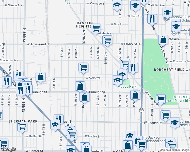 map of restaurants, bars, coffee shops, grocery stores, and more near 2504 West Auer Avenue in Milwaukee