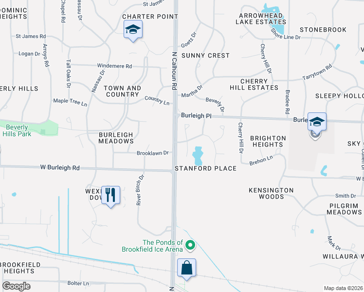 map of restaurants, bars, coffee shops, grocery stores, and more near 3175 Duke Court in Brookfield