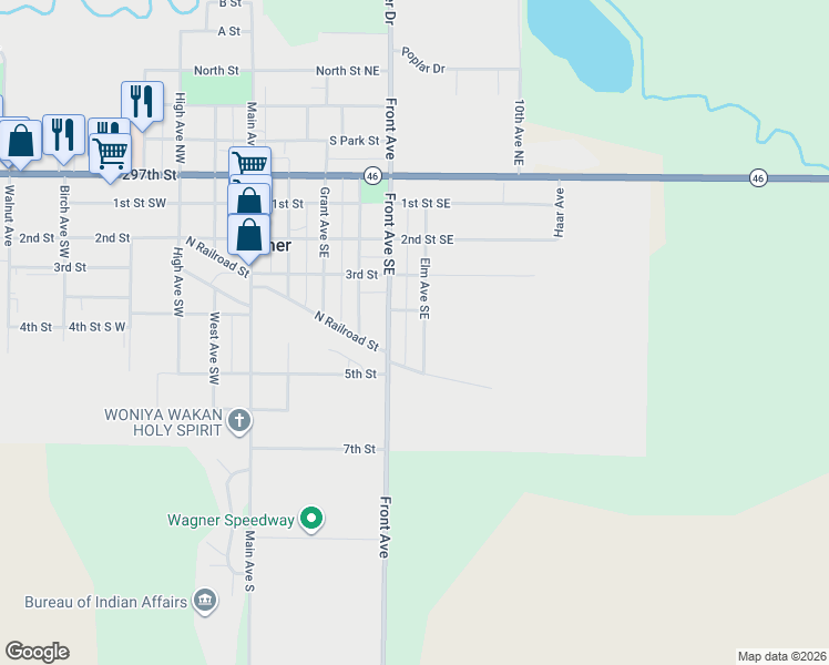 map of restaurants, bars, coffee shops, grocery stores, and more near 407-415 Elm Avenue Southeast in Wagner