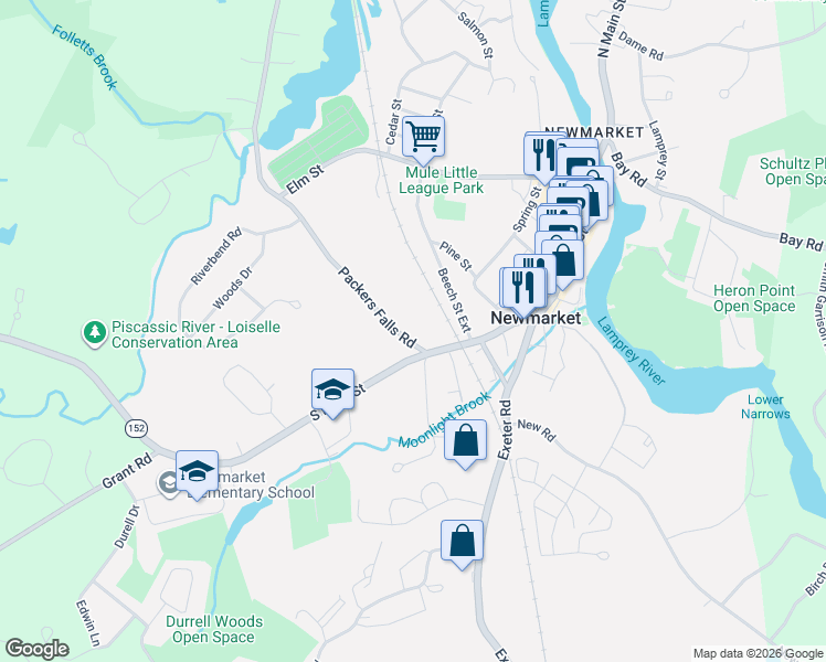 map of restaurants, bars, coffee shops, grocery stores, and more near 7 Packers Falls Road in Newmarket